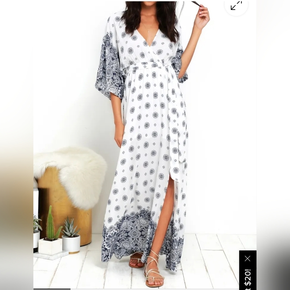 Elegant White and Blue Floral Maxi Dress, Size Small